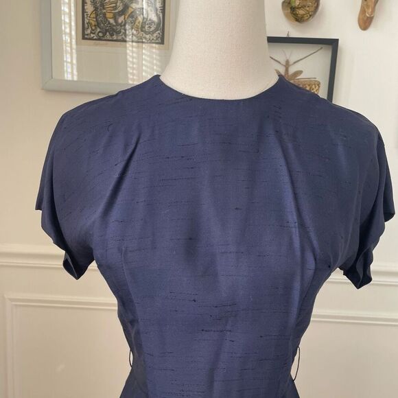 Vintage Mix & Match Dark Blue Sheath Dress Long Blazer Ivory Trim XS - Picture 9 of 13